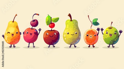 Cartoon fruits and berries characters, happy fresh cherries, gooseberries, blueberries and apples, mandarins, garnets and pears, kids menu characters waving their hands. photo
