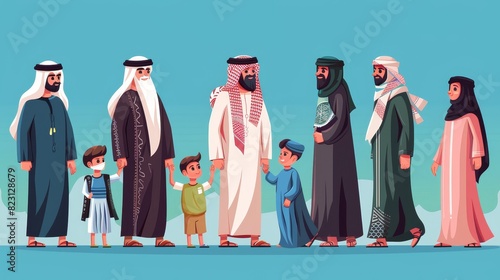 An Arab person's lifespan cycle from a child to an elderly person in a keffiyeh at different stages in his life. Modern illustration of an infant, a teenager, an adult, a father with a child and an photo