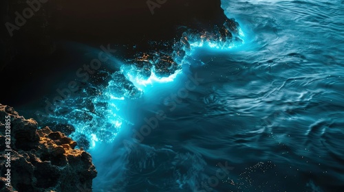 Bioluminescent plankton lighting up ocean waves