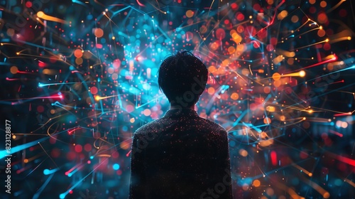 Young person seen from behind, caught in a dense web of colorful internet wires, digital notifications hovering around photo