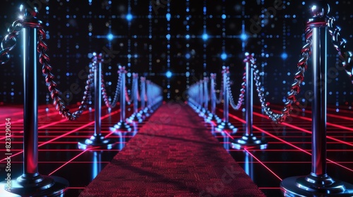 A silver rope barrier is isolated on a black background, with a red carpet underneath photo