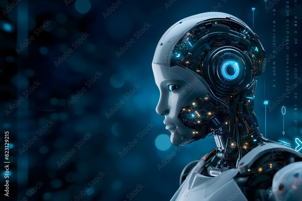 Futuristic cyborg with a humanoid face and glowing blue lights, set against a blurred cityscape Futuristic cyborg with a humanoid face and glowing blue lights, set against a blurred cityscape