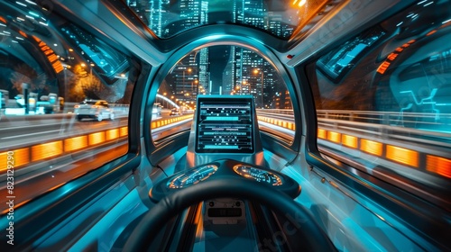 A futuristic car is driving down a highway with a city in the background photo