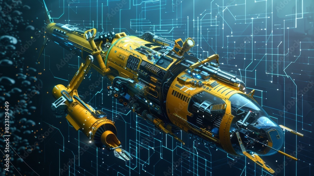 The fictitious subsea robot or drone is used for deep underwater exploration and monitoring the sea bottom. A modern remotely controlled underwater vessel that can be controlled remotely. The fictitious subsea robot or drone is used for deep underwater exploration and monitoring the sea bottom. A modern remotely controlled underwater vessel that can be controlled remotely.
