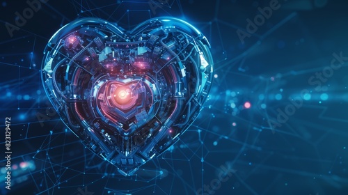 An illuminated hearts on a blue background celebrating Valentine's Day in style. Featuring technology, robots, industry, cybernetics, and science. photo