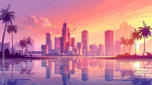 Modern megalopolis with palm trees, skyscrapers reflecting in water surface under pink sky panoramic background. Cartoon modern illustration. © Mark