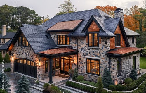 A photo of an exterior view of the roof on a house with stone-colored shingle and black trim, the color is light brown in tone. This style should be similar to a pure symmetrical style