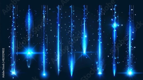 Isolated petard sparkles  magic spell  weapon or wand trace. Bright glowing comet  flying asteroid  straight stripes  Realistic 3D modern set.