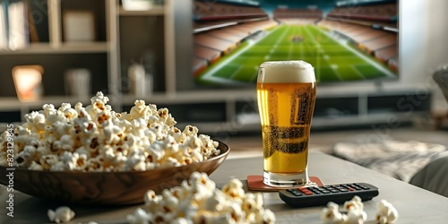 Home viewing setup beer popcorn remote modern TV football stadium onscreen. Concept Home Entertainment, Viewing Experience, Snacks and Drinks, Modern Technology, Sports Viewing