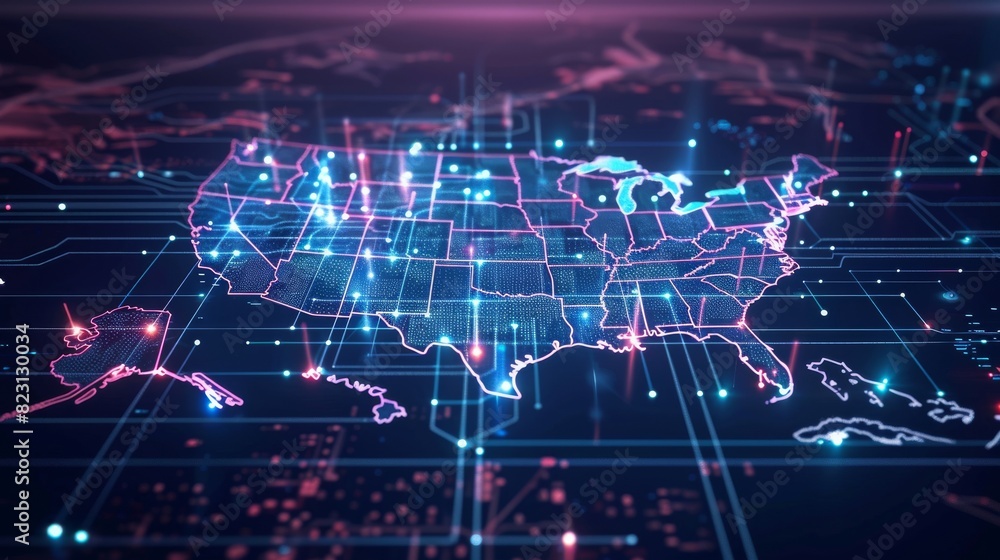 An abstract communication network map of the USA. The USA as a printed circuit board. An abstract smart city in connection with the country.