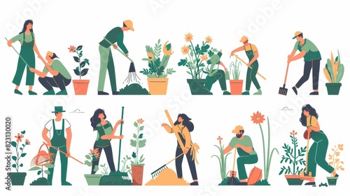 Line Art flat modern illustration of gardeners harvesting, planting and caring for plants. Men and women raking ground, watering and fertilizing flowers. © Mark
