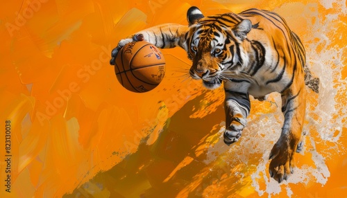 A tiger playing basketball.