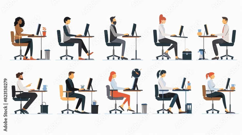 Office workers flat modern illustration. Various male and female characters sitting at computer desks. They are happy, satisfied with success, but also sad and exhausted from their stressful jobs. Office workers flat modern illustration. Various male and female characters sitting at computer desks. They are happy, satisfied with success, but also sad and exhausted from their stressful jobs.