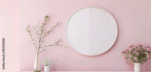 Broad format in a minimalist gallery featuring a medium circular frame on a pastel pink wall. photo