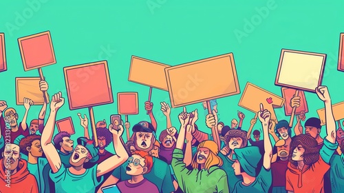 Protest, rally concept, people holding placards and banners, protesters picketing on riot. Activists holding signs fighting for their rights. Modern illustration in line art.