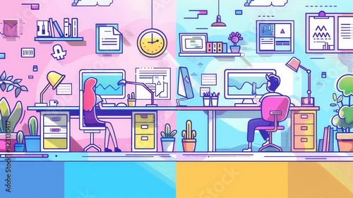 A banner with people working from home. Business introductory cards, posters describing advantages and guarantees for clients, modern illustration.