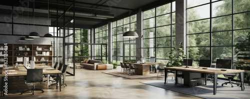 Modern Office Space with Panoramic Windows and Green View © evening_tao