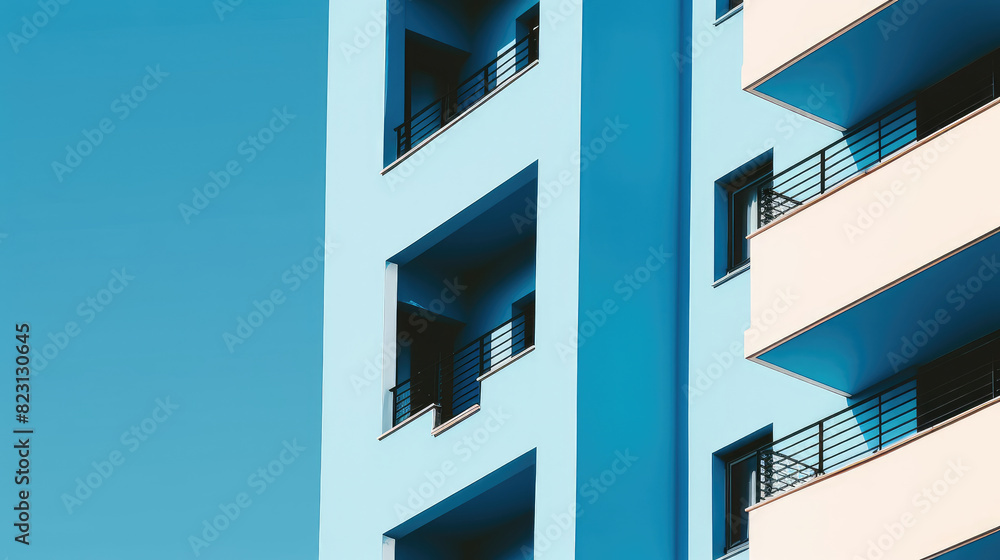 Modern Blue Apartment Building Facade Against Sky