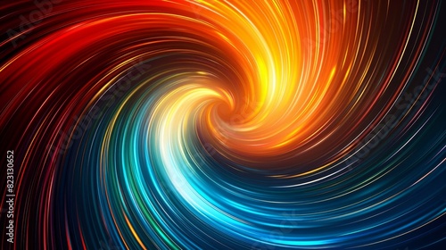 Abstract background with colorful curve lines going from shiny center. Technology concept with rainbow swirls, digital data stream, cable connection, energy waves, realistic 3D modern radiance.