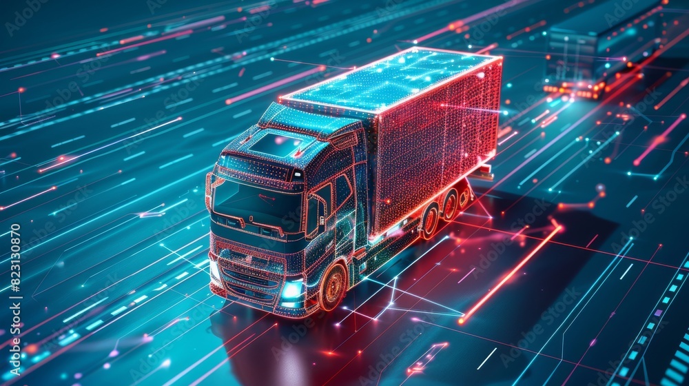 Using an IoT electric automatic lorry carrying cargo, an autonomous driverless truck follows a specified route on the map. Automated interurban delivery transport.