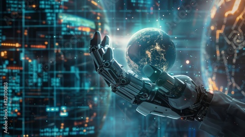 The infrastructure of the entire planet is almost completely controlled by artificial intelligence. Man holds the whole planet in his palm and hands it over to a humanoid robot equipped with a