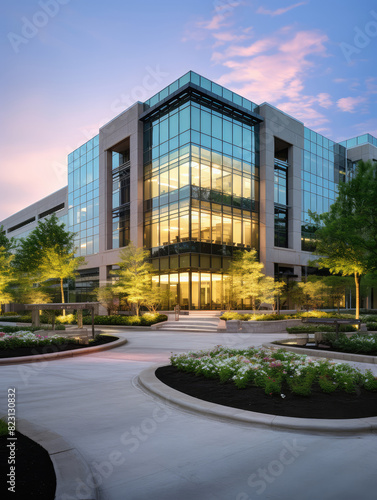 Modern Office Building Front View at Twilight