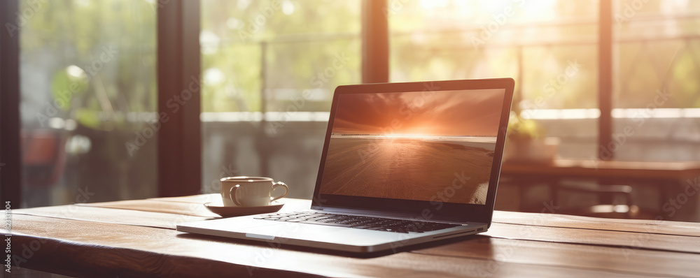 Sunrise Work Station with Laptop and Coffee Sunrise Work Station with Laptop and Coffee