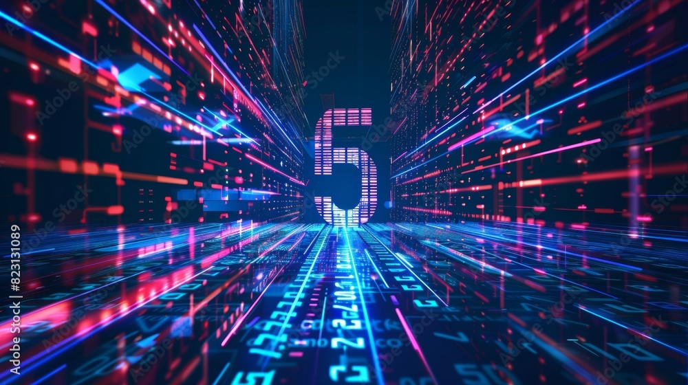 Naklejka premium Symbol of 5G consisting of digits matrix. Concept of high speed internet via wireless networks. Global telecommunications signal connection. Abstract telecommunication signal connection with the