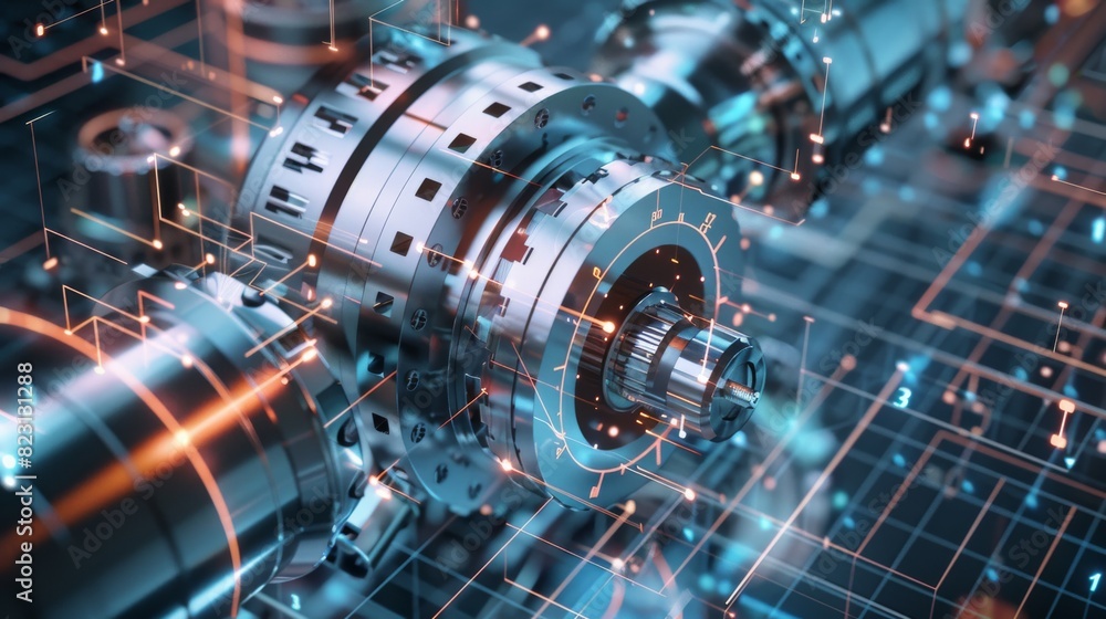 Fototapeta premium Industrial design mechanical item generated by the computer artificial intelligence. Engineering technology concept banner. Cad software.
