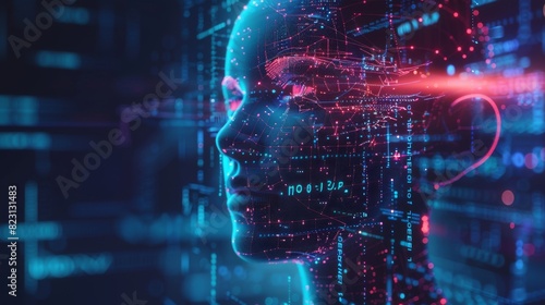An illustration showing artificial intelligence concept. Cybernetic digital brain, neural network interface. Futuristic cyberpunk mind. Machine learning cyber system.