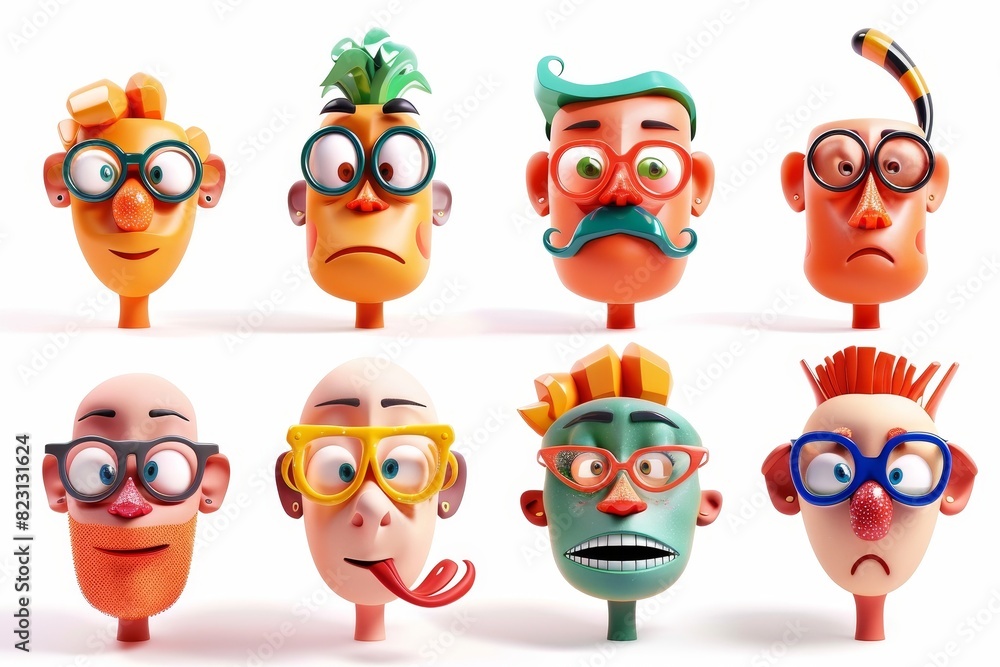 Icon set with cartoon character faces in 3D