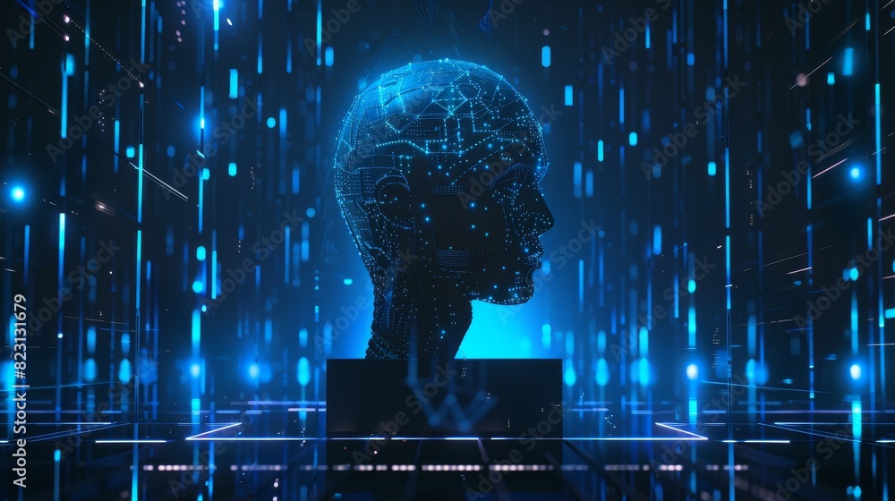 Digital Brain With Ai In The Spotlight Virtual Hanging Head On Podium