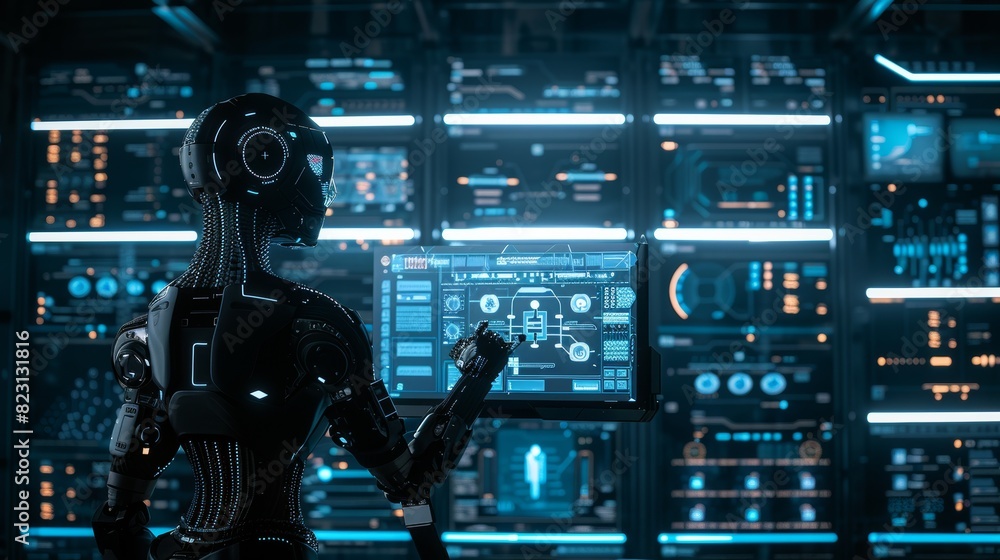 AI robot works with industrial 3D virtual interface. Cyborg rear view touches button holographic touch screen. Artificial intelligence observes monitor. AI robot works with industrial 3D virtual interface. Cyborg rear view touches button holographic touch screen. Artificial intelligence observes monitor.