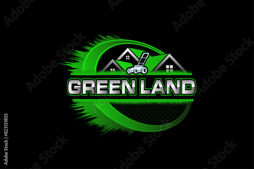 Illustration vector graphic of lawn care with Lawn mower home service black background, landscape, grass concept logo design template