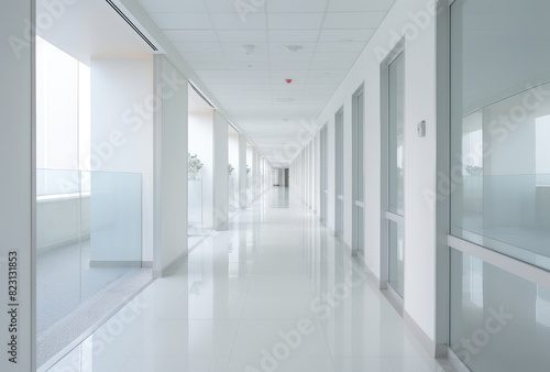 Clean Hospital Hallway with Reflective Flooring