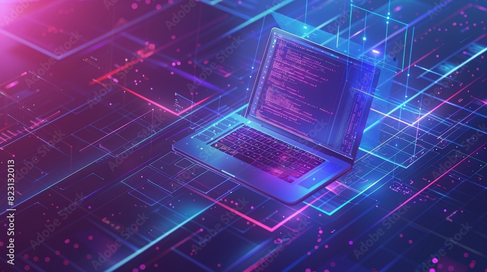 Isometric conceptual illustration of a laptop screen with code hanging over icons for coding apps, software development, and web application development. Isometric conceptual illustration of a laptop screen with code hanging over icons for coding apps, software development, and web application development.