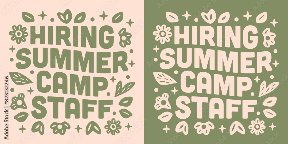 We are hiring summer camp staff work job recruiting announcement social media post text for camping. Retro vintage boho floral flowers plants groovy aesthetic illustration print poster vector. We are hiring summer camp staff work job recruiting announcement social media post text for camping. Retro vintage boho floral flowers plants groovy aesthetic illustration print poster vector.