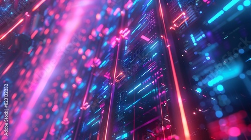Data center or digital storage rack. Abstract tech background with glowing lights. Data stream processed by server and retrieved. Concept banner. photo