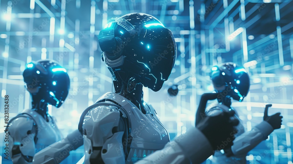 As part of the fourth industrial revolution, cyborg robots interact with a virtual 3D interface in cyberspace, with anthropomorphic bionic Androids with artificial intelligence handling a team of As part of the fourth industrial revolution, cyborg robots interact with a virtual 3D interface in cyberspace, with anthropomorphic bionic Androids with artificial intelligence handling a team of