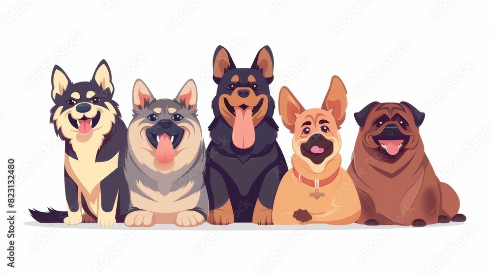 Dog breeds cartoon set on white background. Doberman, husky, German shepherd, Welsh corgi, pug with a happy muzzle. Smart and funny pets, mascot animals. Dog breeds cartoon set on white background. Doberman, husky, German shepherd, Welsh corgi, pug with a happy muzzle. Smart and funny pets, mascot animals.