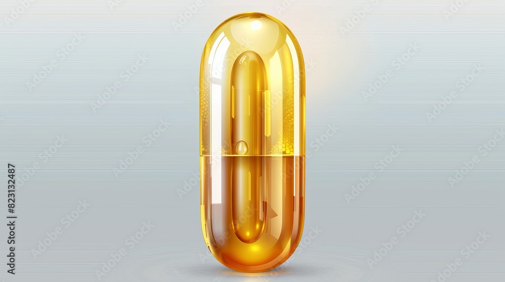 A realistic collagen supplement for skin treatment isolated on transparent background. Gold omega medicine with liquid droplet icon isolated on transparent background. Vitamin D oil, q10 pill, and