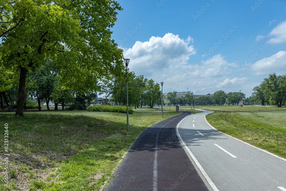 A serene park pathway with a curved asphalt road, lined with lampposts and surrounded by lush green trees and grass.