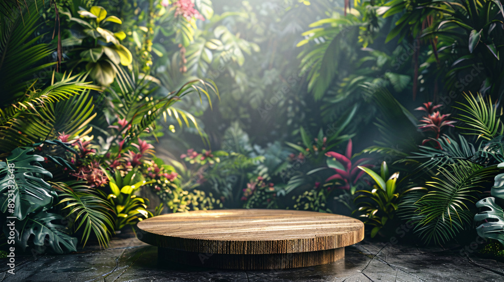 Wooden pedestal surrounded by tropical foliage, set against a summer landscape for product showcases Wooden pedestal surrounded by tropical foliage, set against a summer landscape for product showcases