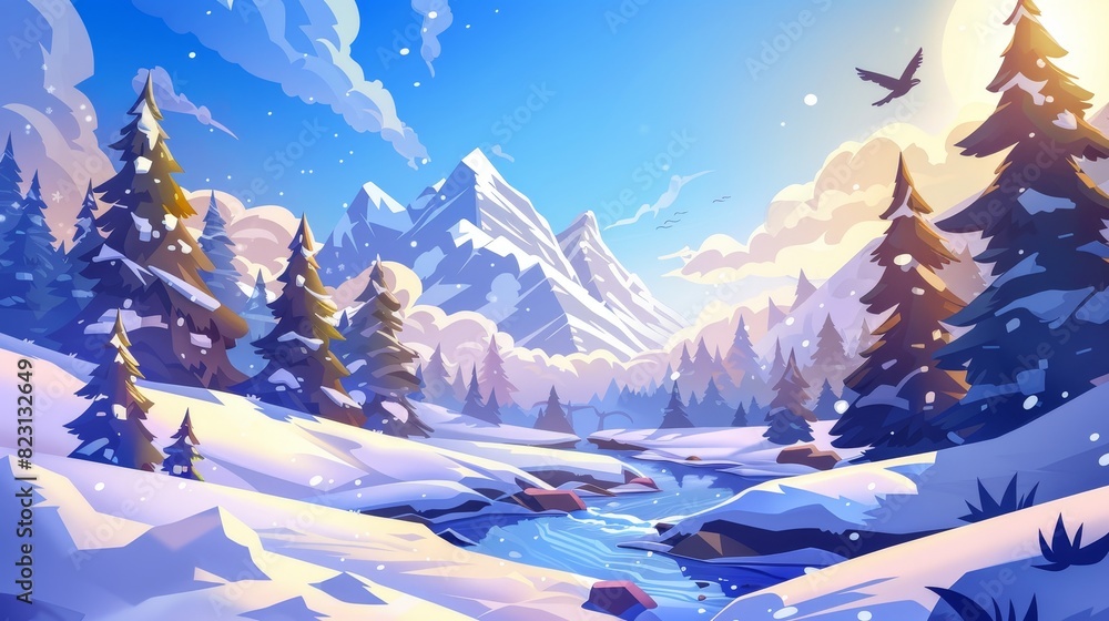 Winter season nature, mountain river flowing in forest. Modern illustration of white snowy landscape with trees, frozen stream or brook, clouds in blue sky and flying birds. Winter season nature, mountain river flowing in forest. Modern illustration of white snowy landscape with trees, frozen stream or brook, clouds in blue sky and flying birds.