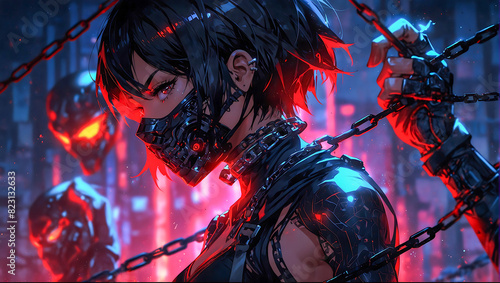 Portrait of an anime style cyberpunk female ninja warrior on a dark moody and atmospheric background photo