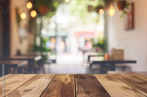 Blurred Coffee Shop Interior with Wooden Table