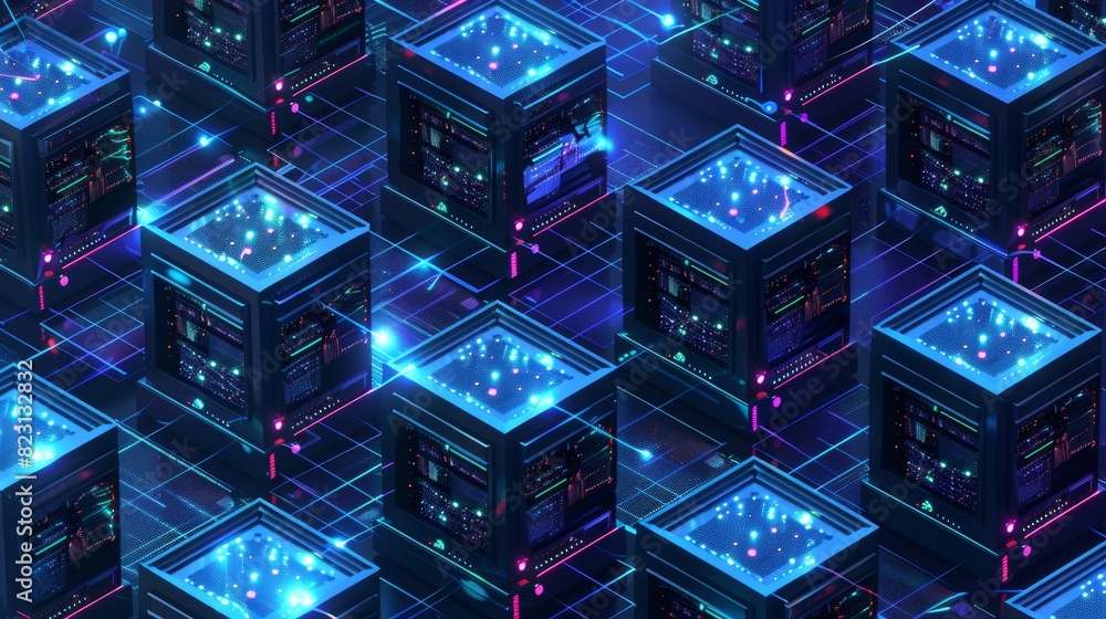 An isometric view of blockchain technology. A computer farm mines cryptocurrency, your digital money. Server racks in a data center operate on chains of data. An isometric view of blockchain technology. A computer farm mines cryptocurrency, your digital money. Server racks in a data center operate on chains of data.