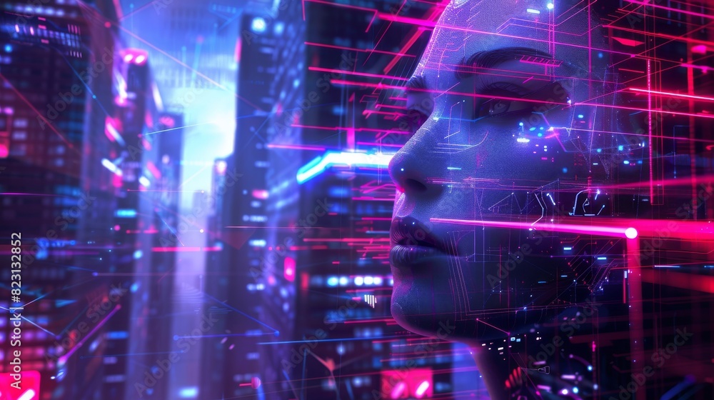 Image of futuristic smart city on head, AI, IOT, internet communications in modern city infrastructure system. Skyscrapers in neon light.