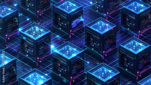 An isometric view of blockchain technology. A computer farm mines cryptocurrency, your digital money. Server racks in a data center operate on chains of data. photo