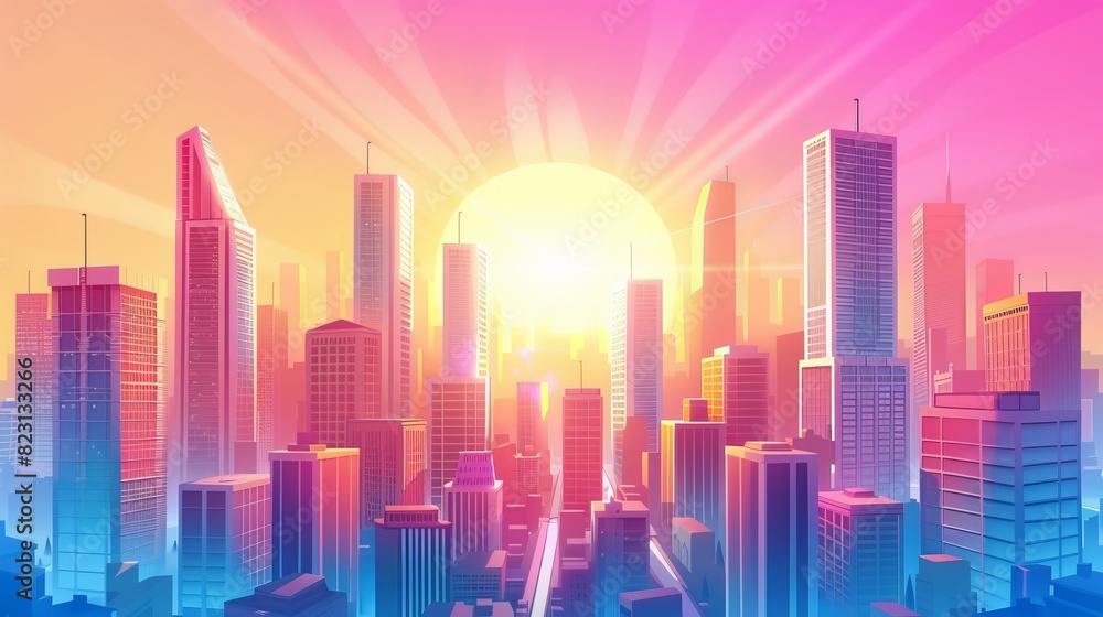 Cityscape background with early morning urban landscape background with apartment and office skyscrapers, pink sky and bright sun. Modern illustration of an early morning urban landscape with